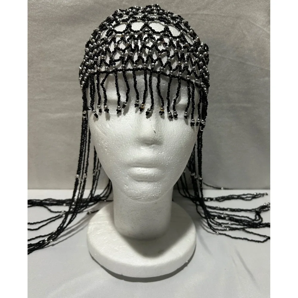 Black‎ Beaded Cleopatra Festival Headpiece Mesh Fringe Hair Cap Boho Goth Gatsby